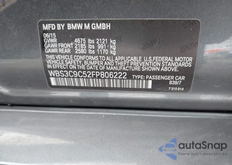 2015 BMW M3 from USA, damaged, VIN WBS3C9C52FP806222